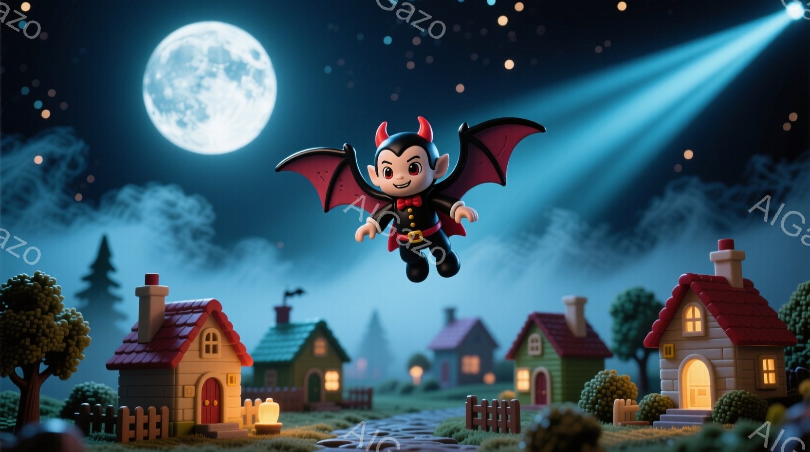 小さな吸血鬼が夜空を飛んでいる様子が描かれています。彼は赤いジャケットと黒いズボンを身につけ、両手を広げて楽しそうに空を舞っています。背景には、ライトアップされた可愛らしい家々が並び、遠くには森と満月が見え、おとぎ話のような幻想的な雰囲気を醸し出しています。