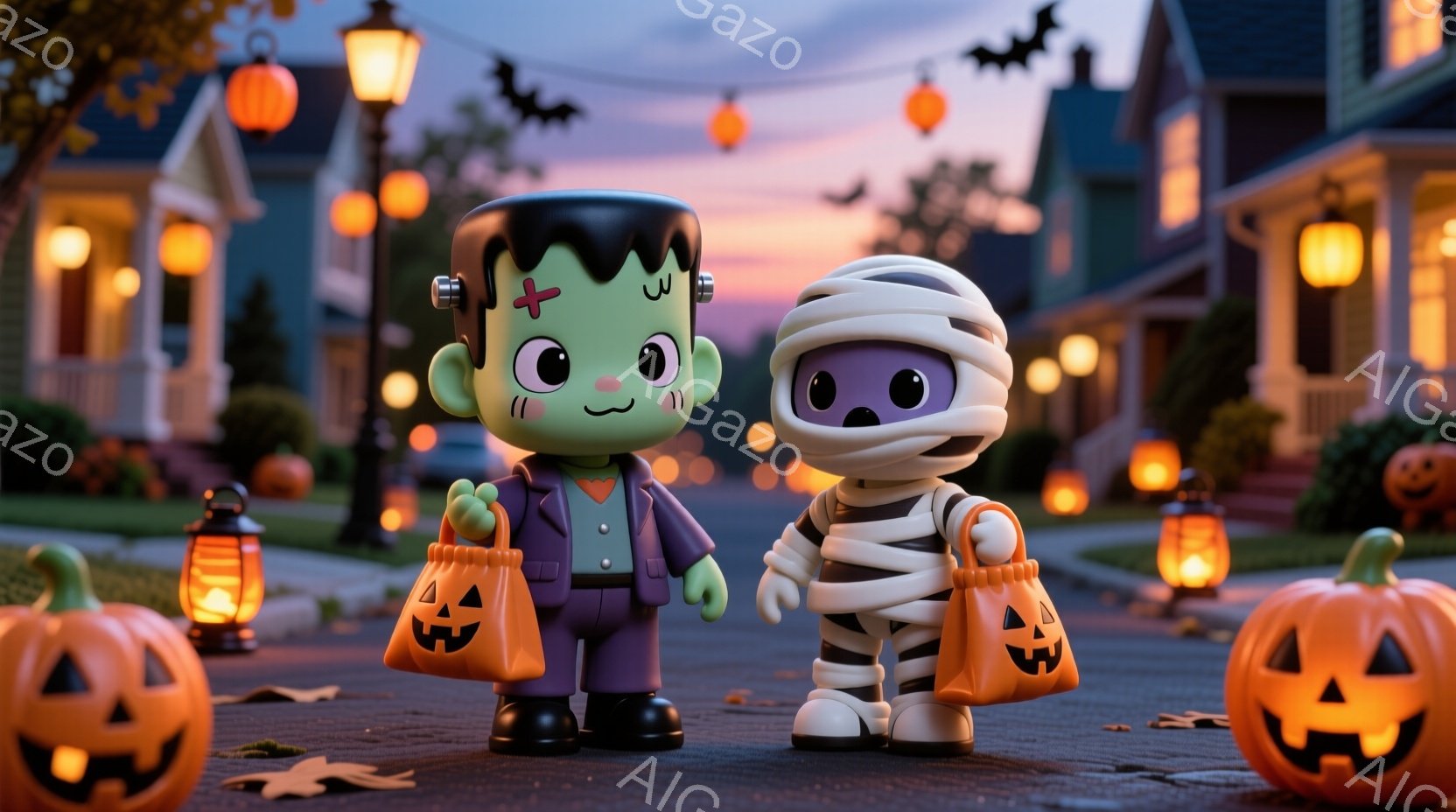 ハロウィーンの夜を思わせる、可愛らしいモンスターの子供たちが描かれています。フランケンシュタインとミイラの姿をした子供たちは、それぞれカボチャ型のキャンディバッグを持って正面を向いて立っており、楽しげ - AI生成フリー素材