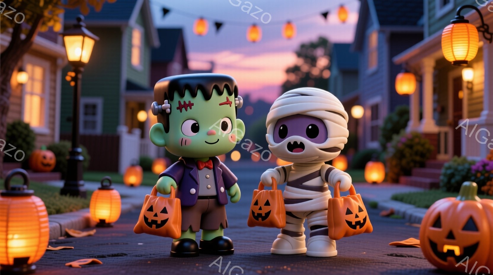 ハロウィーンの夜に、フランケンシュタインとミイラのコスチュームを着た二人の子供たちが描かれています。彼らはそれぞれオレンジ色のカボチャのバケツを持っており、楽しそうに歩いています。背景には、飾られた家 - AI生成フリー素材