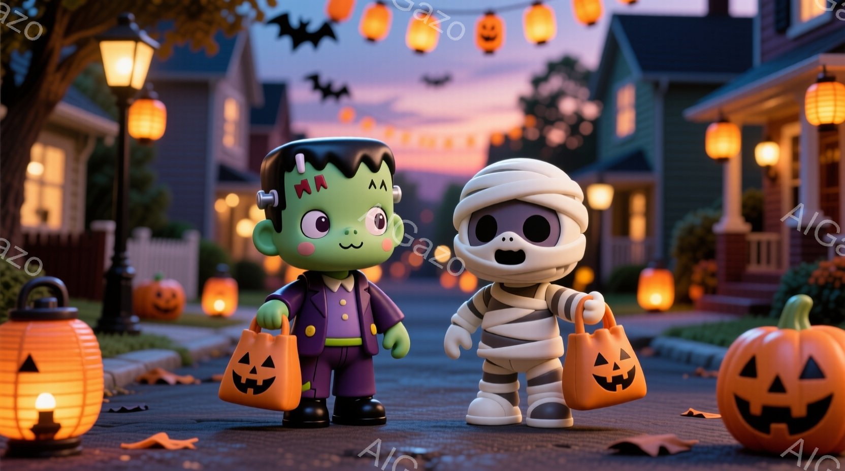 ハロウィーンの夜、フランケンシュタインのモンスターとミイラの姿をした可愛らしい子供たちが、それぞれオレンジ色のカボチャの形をしたお菓子入れを持って立っています。背景には、ハロウィーンの装飾が施された家々が並び、オレンジ色のランタンが明るく光り、落ち葉が舞い散る様子が描かれています。全体的に、暖かく、お祝いムードに満ちた、子供らしいハロウィーンの雰囲気が漂っています。