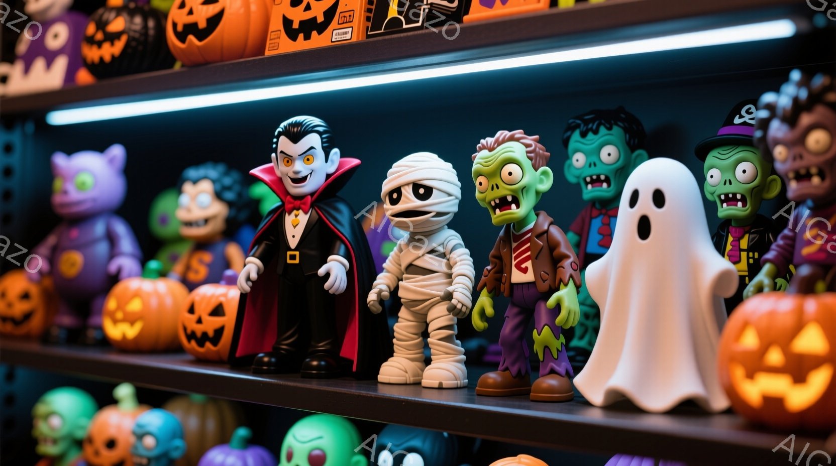 ハロウィーンの置物が棚に並べられています。吸血鬼、ミイラ、ゾンビ、おばけなど、様々なキャラクターが可愛らしい表情で並び、楽しい雰囲気を醸し出しています。背景にはオレンジ色のカボチャが散りばめられ、ハロウィーンの季節感を強調しています。