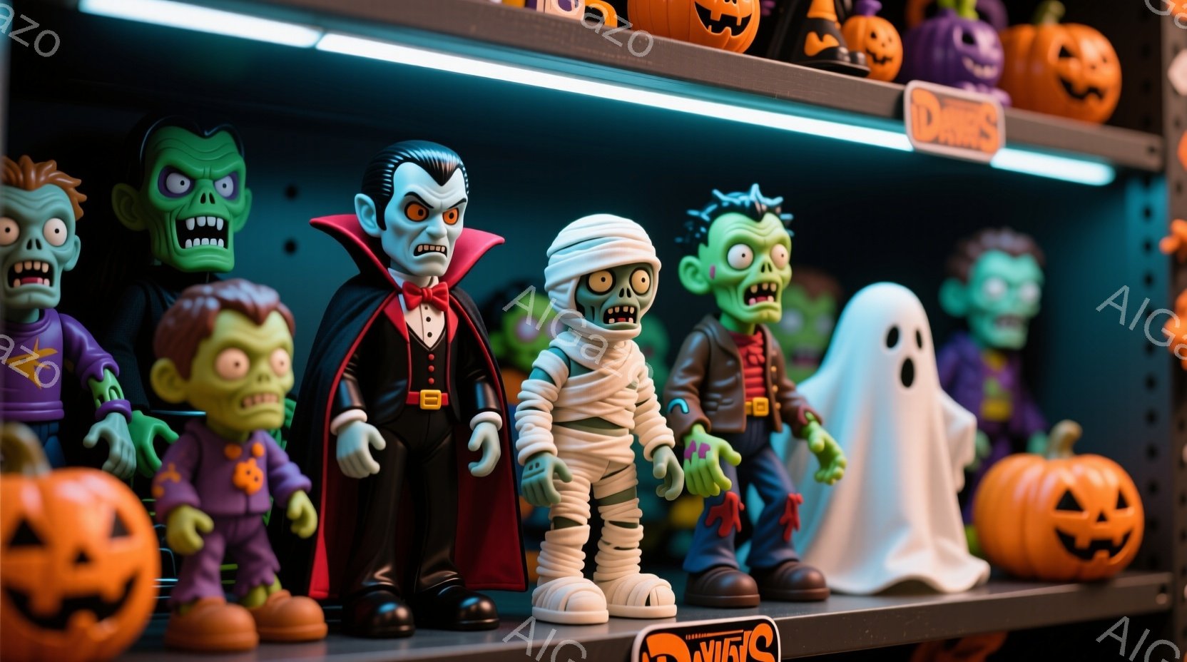 ハロウィーンのデコレーション人形が棚に並んでいます。緑色のフランケンシュタイン、吸血鬼、ミイラ、幽霊、そしてゾンビが特徴的で、それぞれ異なる衣装と表情をしています。背景にはオレンジ色のジャック・オー・ランタンが並び、全体的にハロウィーンらしいお祭り気分を醸し出しています。