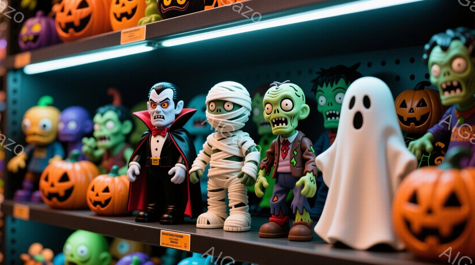 ハロウィーンの装飾品が棚に並べられています。吸血鬼、ミイラ、ゾンビ、お化けのフィギュアが中心で、それぞれ特徴的な衣装と表情をしています。背景にはオレンジ色のカボチャが並び、お祭りの楽しい雰囲気を醸し出しています。