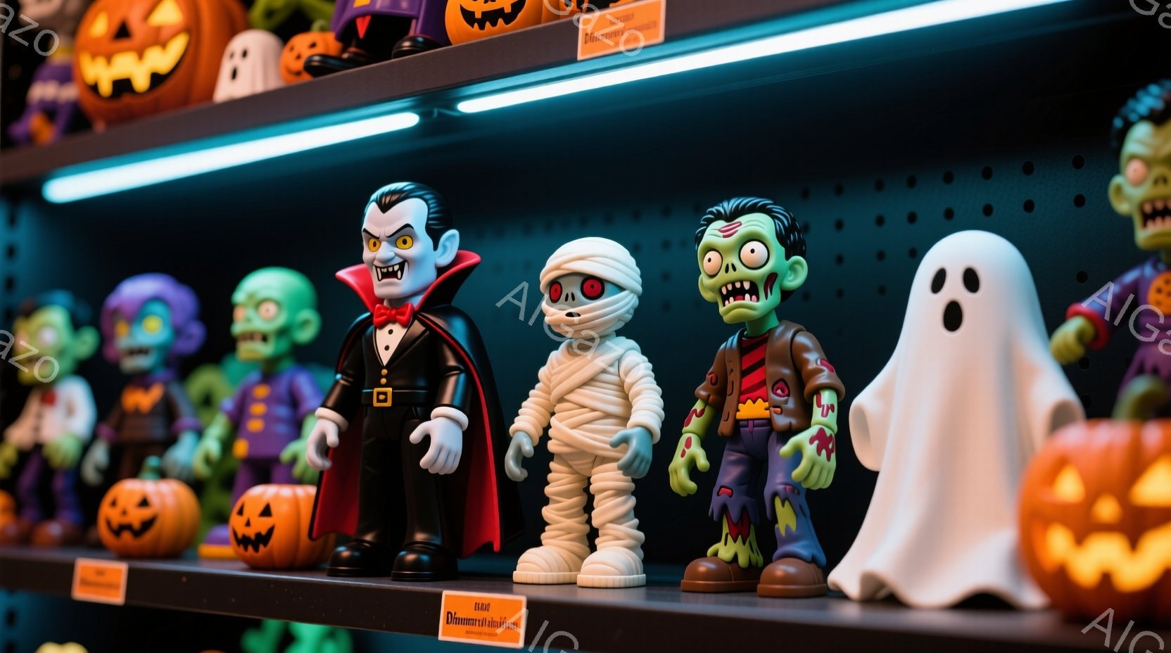 ハロウィーンの飾り付けが棚に並べられています。吸血鬼、ミイラ、ゾンビ、お化け、カボチャなどの人形が整然と並び、それぞれが独特の表情とポーズをとっています。背景は暗いグレーで、ハロウィーンの楽しい雰囲気を醸し出しています。
