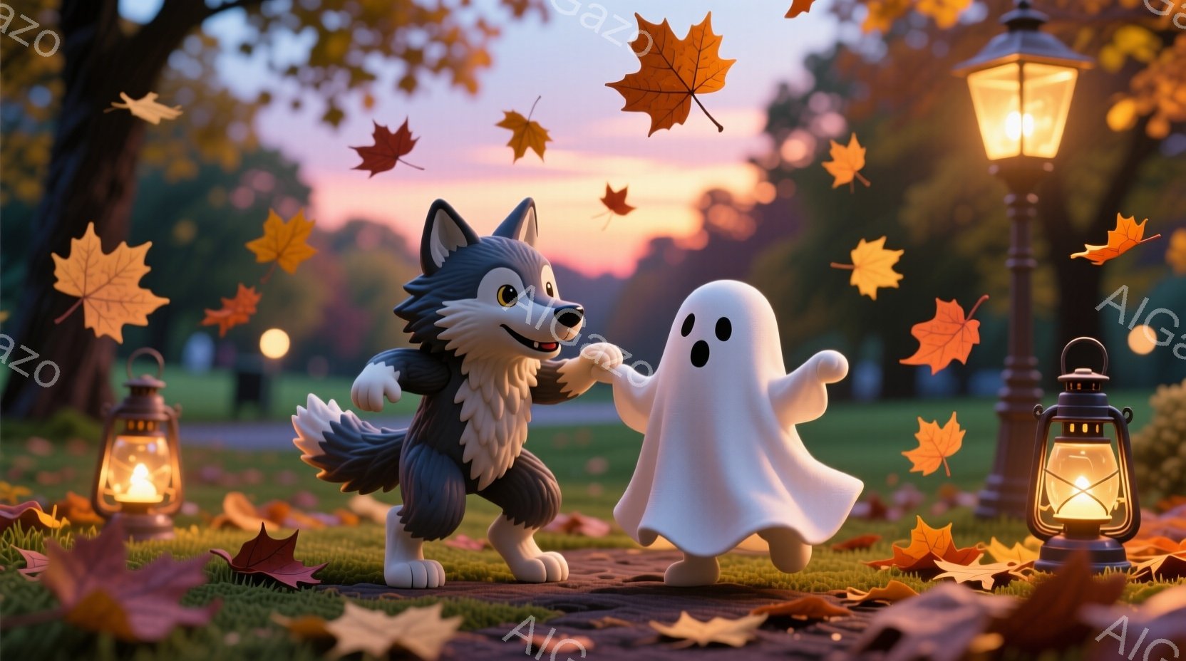 灰色の毛並みで可愛らしい狼のキャラクターが、白い幽霊のキャラクターと手をつないで踊っている様子が描かれています。背景には、紅葉した木々と落ち葉、そして夕焼け空が広がり、暖かく幻想的な雰囲気を醸し出しています。道端には灯籠が灯り、ハロウィンのような季節感を演出しています。