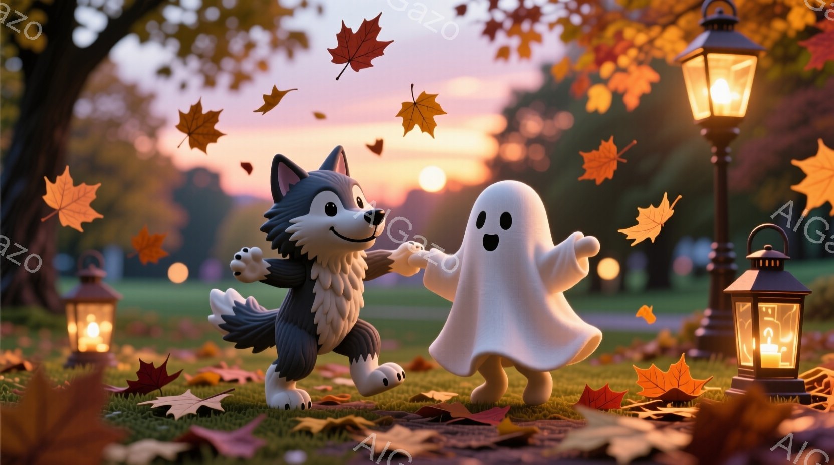 緑の芝生の上で、かわいらしい狼のキャラクターと幽霊が手をつないで踊っています。背景には秋の紅葉が舞い、遠くには夕焼け空と街灯が見え、温かく幻想的な雰囲気を醸し出しています。狼は笑顔で、幽霊も丸い目で可 - AI生成フリー素材