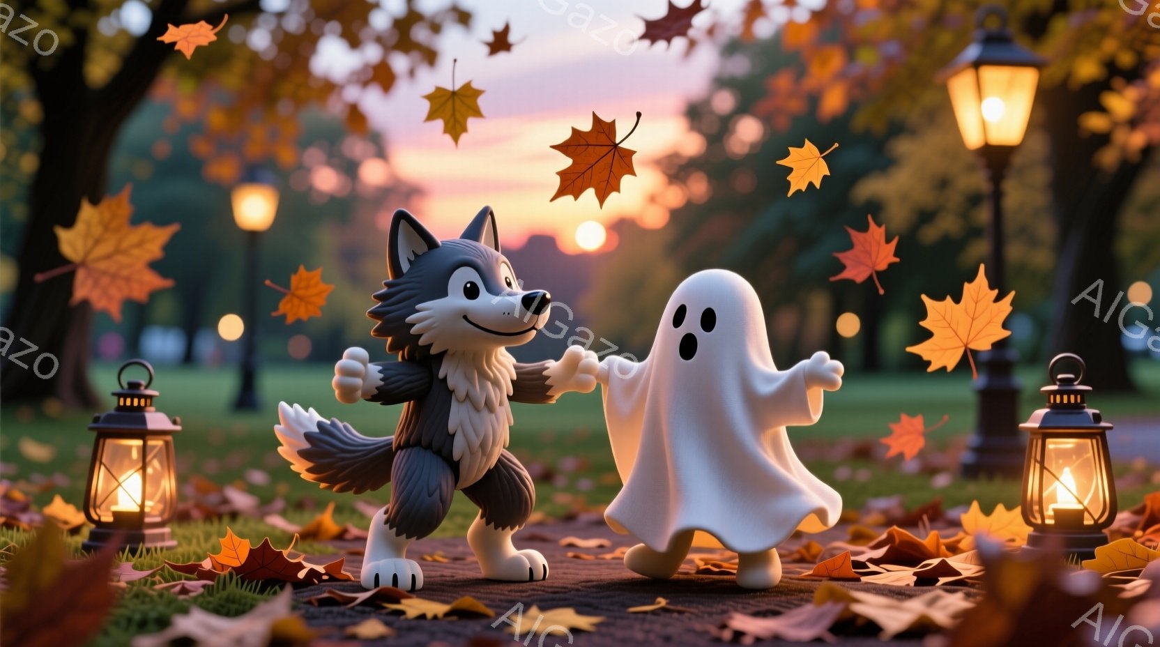 鮮やかな秋の公園で、狼のキャラクターと幽霊が手をつないで踊っている様子が描かれています。背景には夕焼け空と落ち葉が舞い、公園のランタンが暖かく照らし出しています。全体的に、ハロウィンを連想させる、楽し - AI生成フリー素材