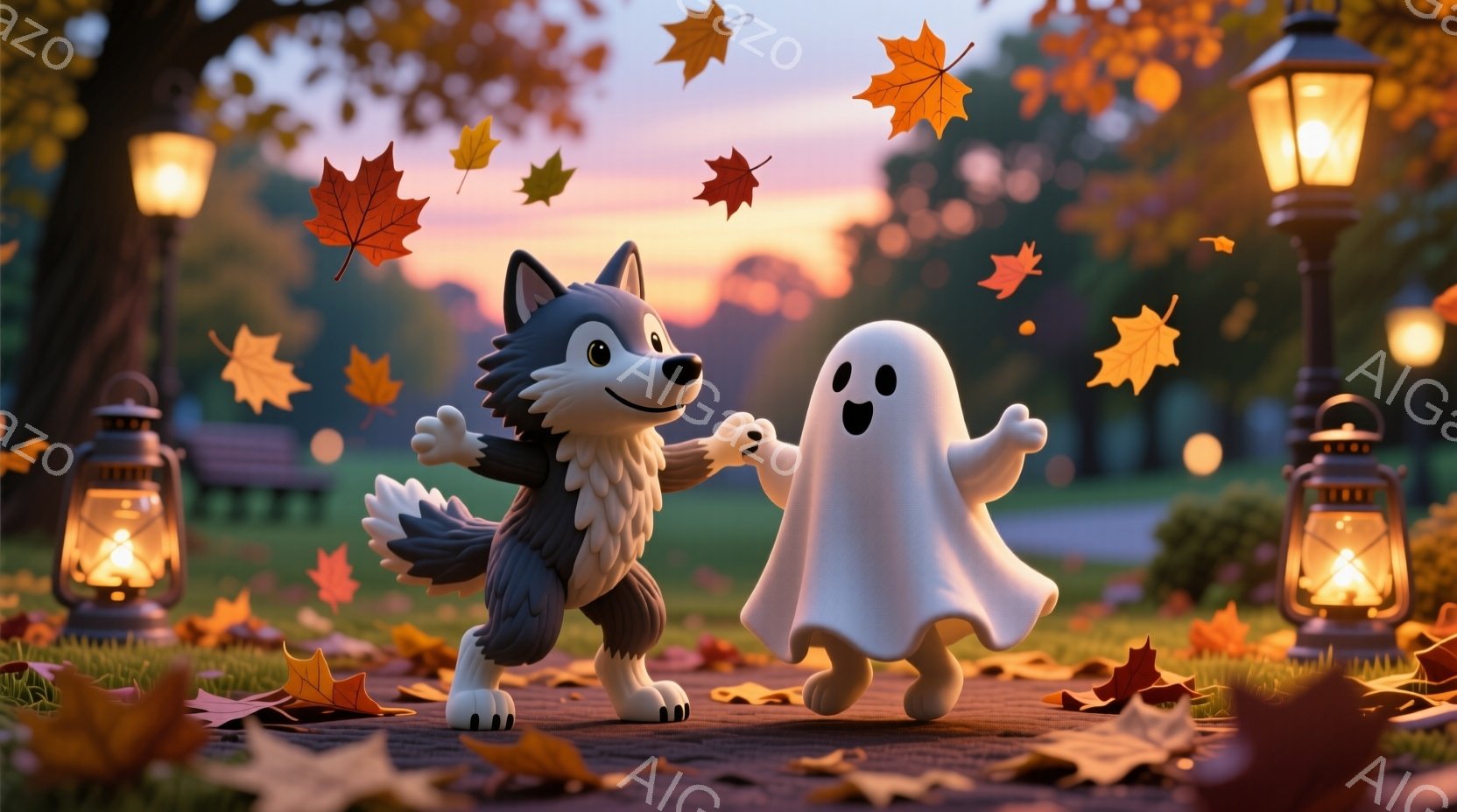 道路の上で、笑顔の狼と幽霊が踊っています。狼は灰色の毛並みで、白い爪と黒い鼻を持っています。背景には秋の木々と、葉が舞う様子、そして灯りが灯ったランタンが並び、温かく楽しい雰囲気を醸し出しています。