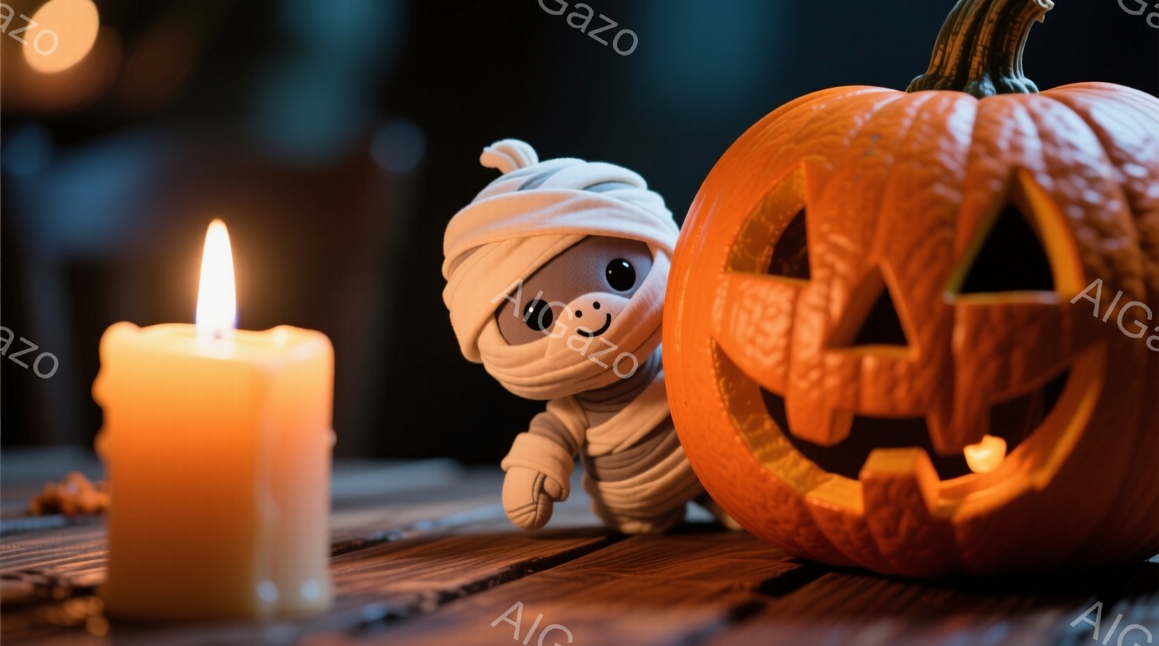 テーブルの上には、彫刻が施されたジャック・オー・ランタンと、包帯で覆われたミイラのような小さな人形が置かれています。人形は丸い顔をしていて、可愛らしい表情を浮かべており、包帯で体を覆っています。背景は暗く、オレンジ色のキャンドルの光が暖かく、ハロウィーンらしい雰囲気を作り出しています。