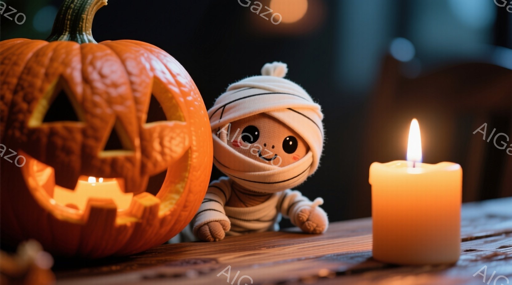 ハロウィーンの飾り付けが施された木製のテーブルの上には、くり抜かれたジャック・オー・ランタンと、包帯で覆われた愛らしいミイラのぬいぐるみが置かれています。ミイラのぬいぐるみは微笑んでおり、テーブルに体 - AI生成フリー素材