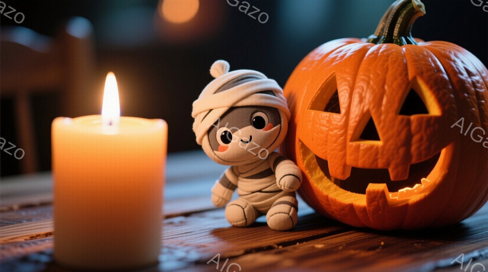 オレンジ色のハロウィンカボチャと、ミイラ風のぬいぐるみが木製のテーブルの上に置かれています。ミイラは白い包帯で全身が覆われ、大きな黒い瞳とわずかに微笑んだ表情をしています。背景にはぼやけた光があり、全 - AI生成フリー素材