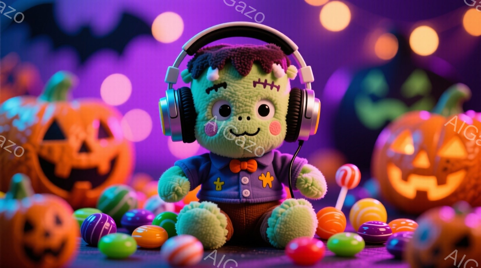 緑色のフランケンシュタインのぬいぐるみは、紫色のセーターにオレンジ色の蝶ネクタイをして、ヘッドフォンを装着しています。ぬいぐるみは両手を膝に乗せて座っており、愛らしい表情をしています。背景には、様々なカラフルなキャンディーと、ジャック・オー・ランタンが散りばめられており、お祭り気分を盛り上げています。