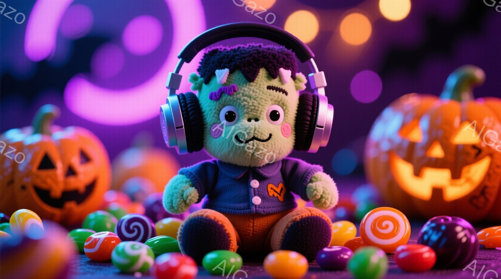 これはフランクensteinのモンスターを模した、ふわふわのぬいぐるみです。紫色のセーターにオレンジ色のズボンを履き、ヘッドフォンを装着しています。周囲にはカラフルなキャンディーや、ジャック・オー・ランタンが置かれ、お祭り気分を醸し出しています。