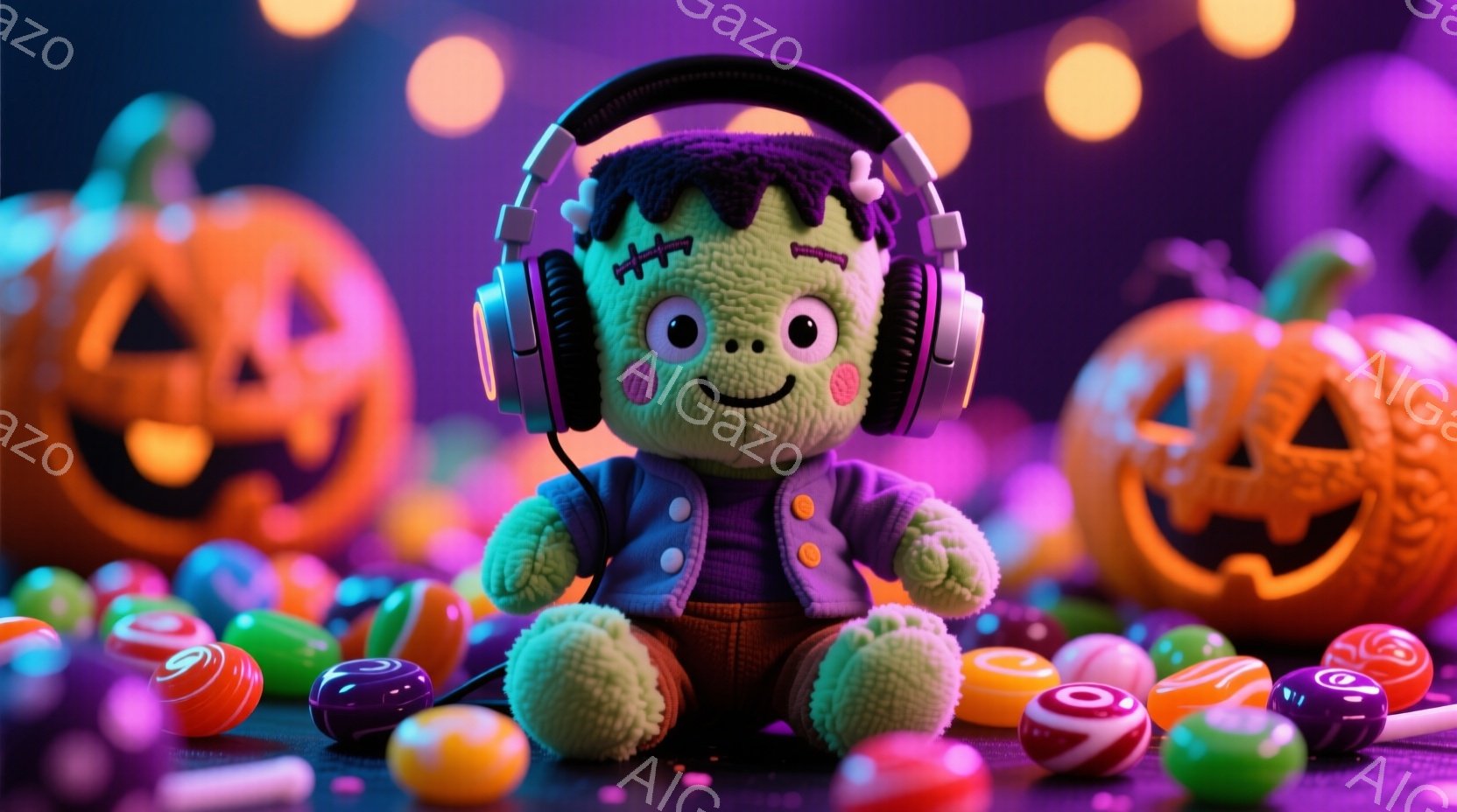 緑色のフランケンシュタインのぬいぐるみは、紫色のジャケットとズボンを身に着け、大きなヘッドホンをつけて座っています。愛らしい表情で、周囲にはカラフルなキャンディーが散らばっており、背景にはジャック・オ・ランタンが並んでいます。全体的にハロウィーンらしく、陽気でかわいらしい雰囲気です。