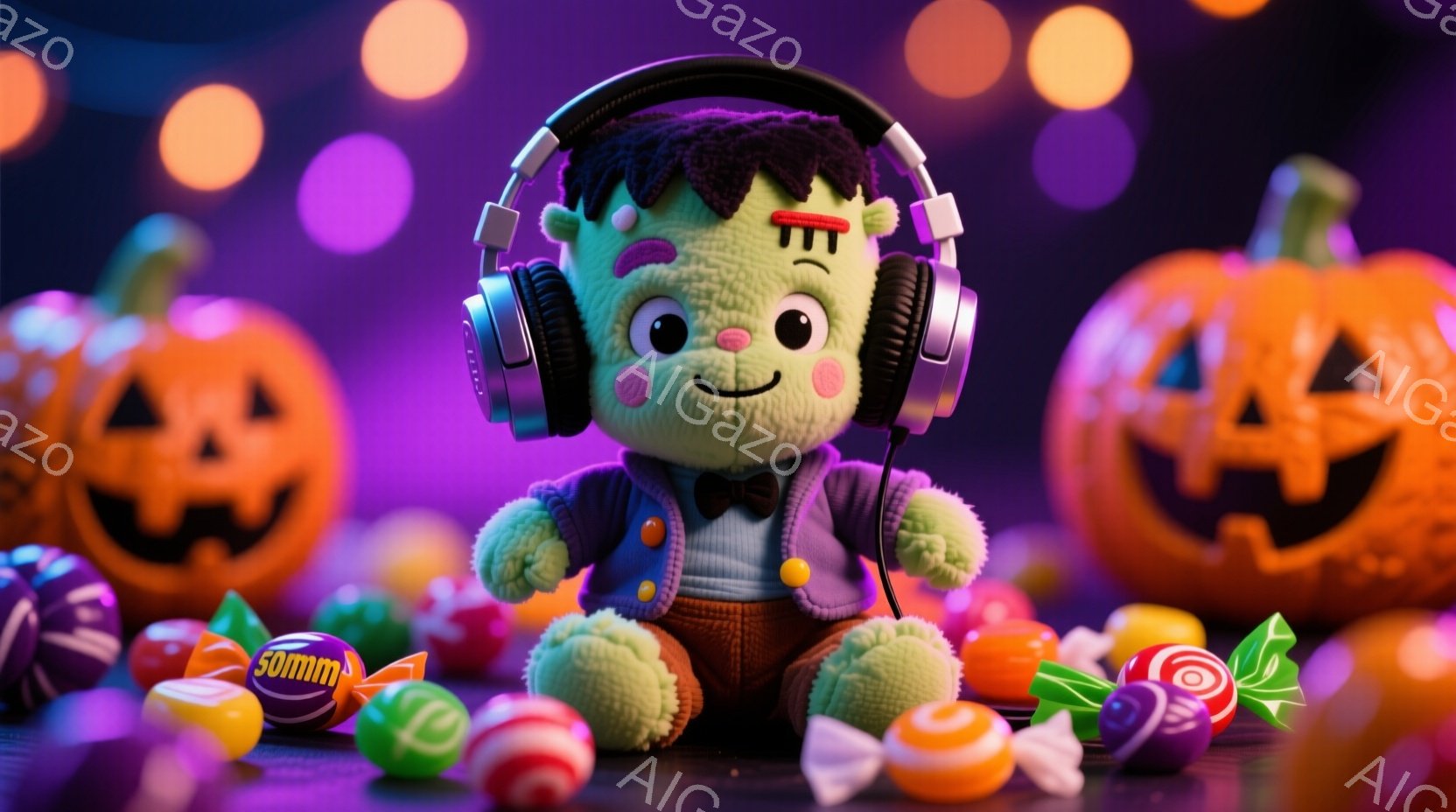 緑色のフランケンシュタインのぬいぐるみは、紫色のジャケットを着て、ヘッドホンをかけて座っています。周りにはカラフルなキャンディが散りばめられており、背景には笑顔のジャック・オー・ランタンと、ぼやけた紫色のライトが並んでいます。 全体的に、ハロウィーンの楽しげで甘い雰囲気が漂っています。