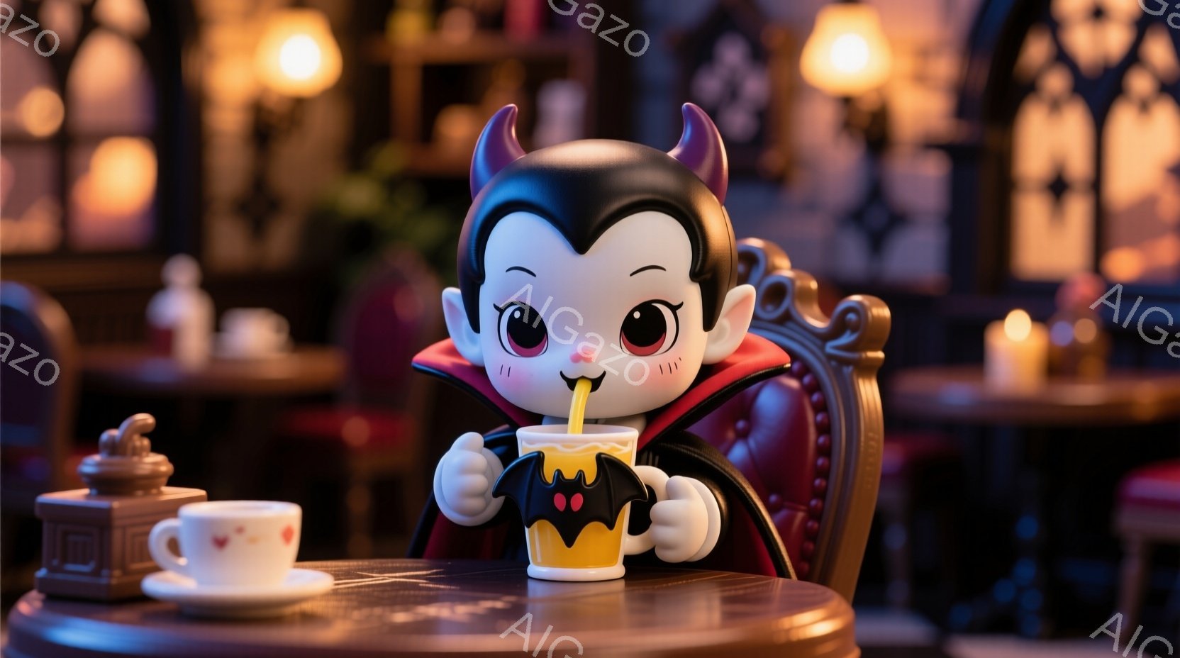 小さな吸血鬼のキャラクターが、テーブルに座って飲み物を楽しんでいます。赤いローブと襟、特徴的な角と白い顔が可愛らしく、大きな瞳で微笑んでいます。背景は薄暗いカフェのような雰囲気で、アンティーク調の家具や照明が暖かく、ハロウィーンの夜にぴったりの、少し不気味でありながらも温かい雰囲気です。