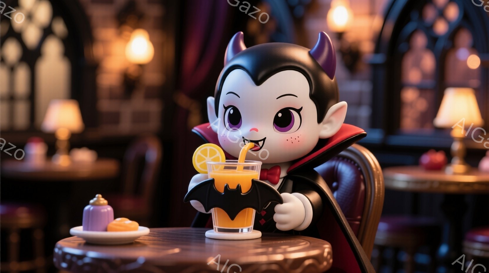 可愛らしい吸血鬼のキャラクターが、赤いベルベットのマントと黒い翼をつけて椅子に座っています。キャラクターは大きな目とほほえましくピンクの頬を持ち、オレンジジュースの入ったグラスにストローを刺して楽しんでいます。背景には、暖色の照明が灯るレストランのインテリアが見え、少し薄暗く、おとぎ話のような雰囲気です。