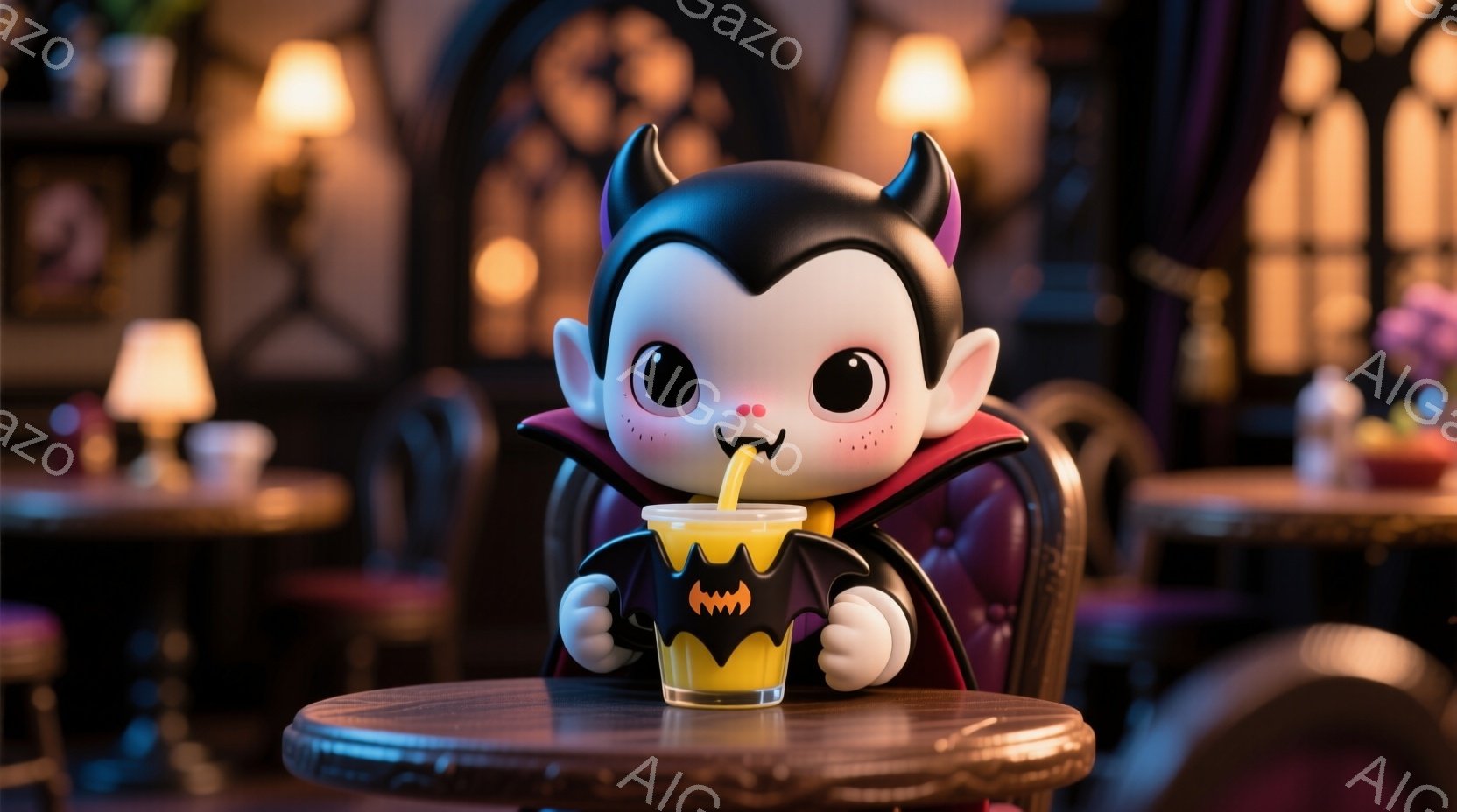 小さな吸血鬼のようなキャラクターが、黒いマントと赤い襟の衣装を着て、テーブルに座って黄色い飲み物をストローで飲んでいます。キャラクターは大きな目と赤い頬を持っており、かわいらしい表情をしています。背景は薄暗いバーのような場所で、赤い椅子やテーブルがいくつか配置されており、全体的に少し不気味でありながらも愛らしい雰囲気です。