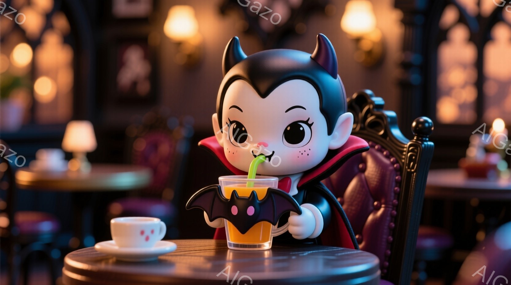 可愛らしい吸血鬼のキャラクターが、バット型のグラスに入ったオレンジジュースをストローで楽しんでいます。赤いベルベットのドレスに黒いマントを羽織り、大きな瞳で微笑んでいます。背景は薄暗いカフェで、アンティーク調の家具や暖色の照明が雰囲気を作り出しています。