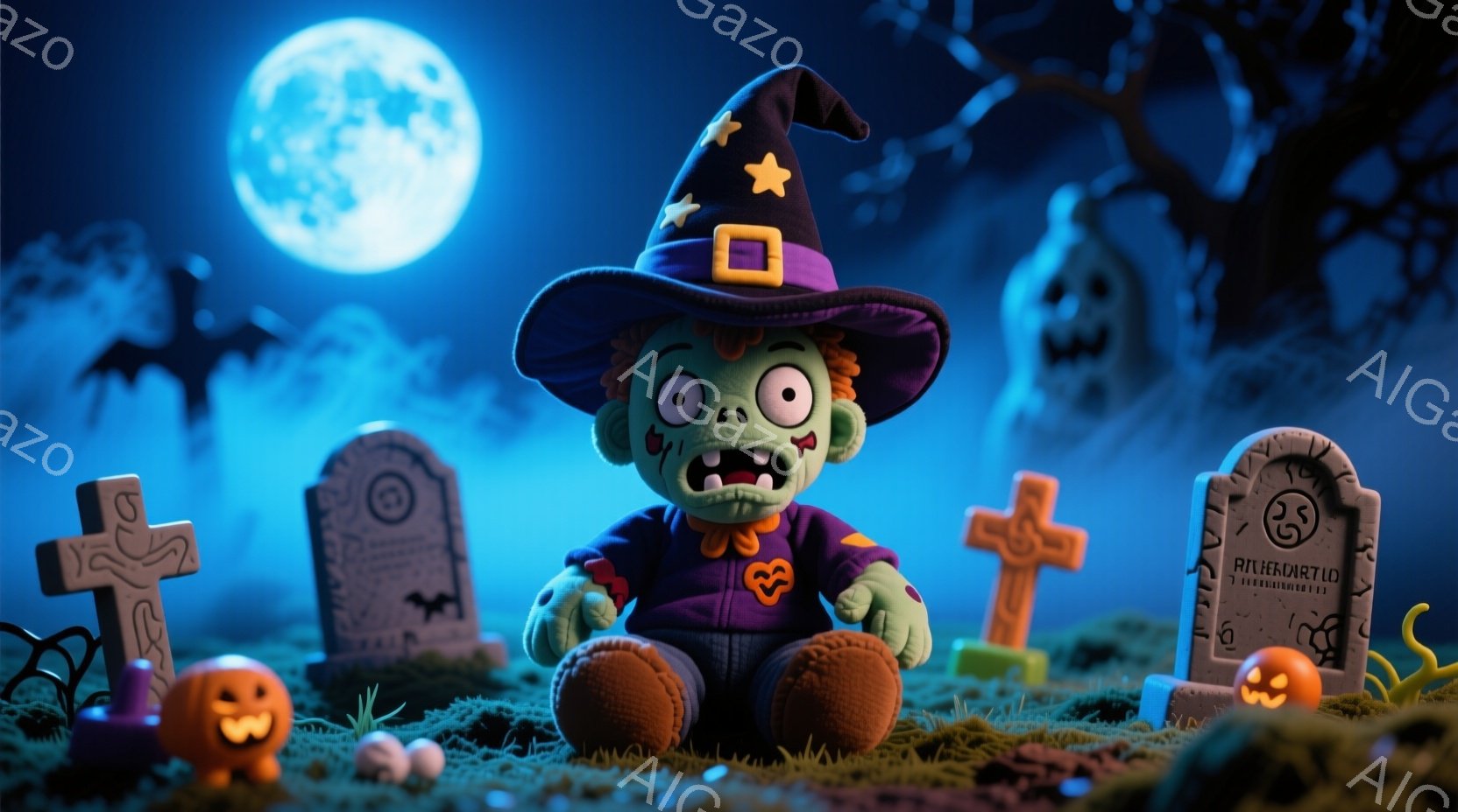 緑色の肌をした可愛らしいゾンビが、紫色の衣装と魔女帽子を身に着けて座っています。背景には墓石、ハロウィーンのランタン、そして霧のかかった不気味な木々があり、満月が明るく照らしています。全体的に、お祝いでありながら少し不気味なハロウィーンの雰囲気が漂っています。