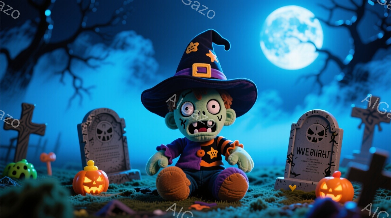 緑色の肌をした、大きな目と口を開けたゾンビ風のキャラクターが、黒い魔女帽子をかぶって墓地に座っています。周りにはハロウィーンの装飾であるカボチャのランタンや墓石が置かれ、背景には暗い森と満月が輝いています。 全体的にハロウィーンの夜に墓地で楽しむ、かわいくてユーモラスな雰囲気です。
