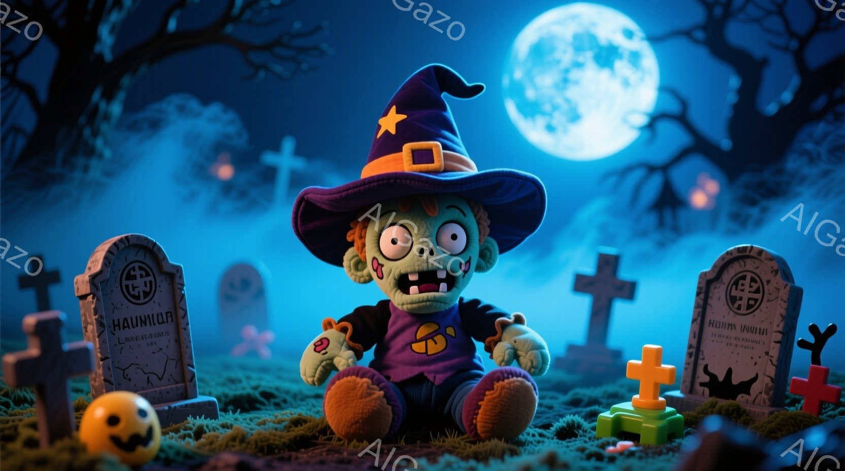 紫色の衣装を着たゾンビのキャラクターが、墓地の緑の芝生の上に座っています。頭には黒い魔女帽子を被り、片腕は少し上がり、顔は緑色で、歯を見せて不気味な笑顔を浮かべています。背景には、霧のかかった墓石や、暗い空に浮かぶ満月が見え、ハロウィーンの夜を思わせる不気味で楽しい雰囲気が漂っています。