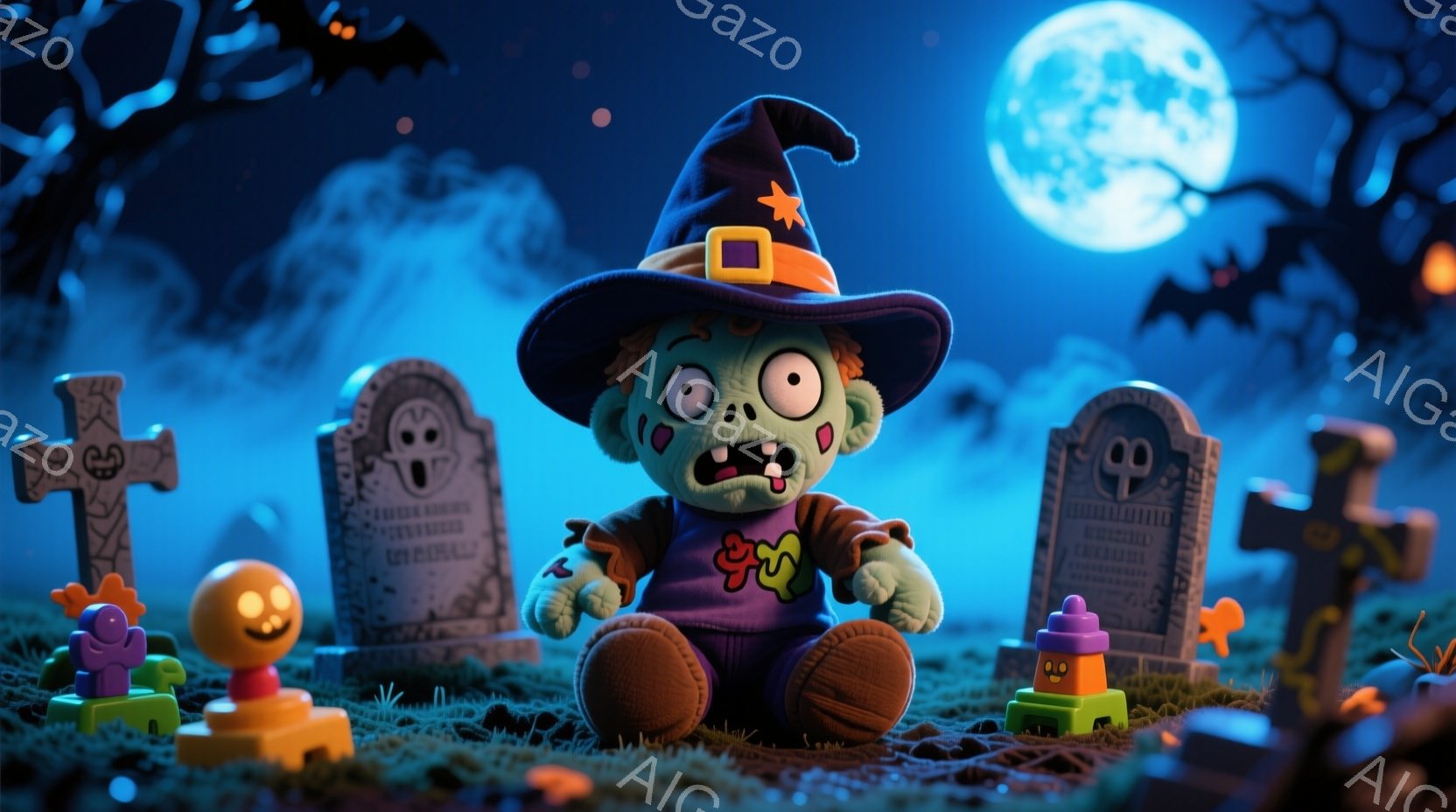 緑色のゾンビ風のキャラクターが紫色の衣装とオレンジ色の帽子をかぶって、墓地の地面に座っています。キャラクターは不気味な笑顔で、周囲にはハロウィーンの装飾や墓石、遠くには不気味な木々と満月が描かれています。全体的に、不気味でありながらも可愛らしいハロウィーンの雰囲気です。