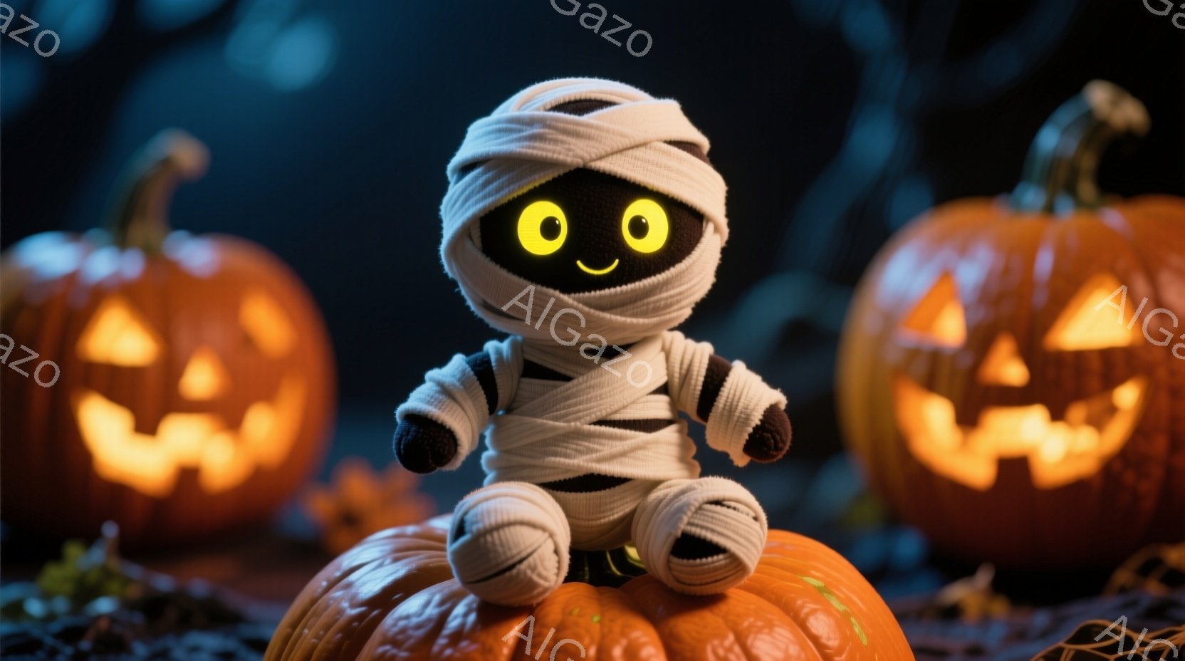 黒い体に白い包帯を巻き付けた小さなミイラのようなキャラクターが、オレンジ色のカボチャの上に座っています。大きな目は輝いており、愛らしい表情をしています。背景には、同じようにジャック・オ・ランタンとして - AI生成フリー素材