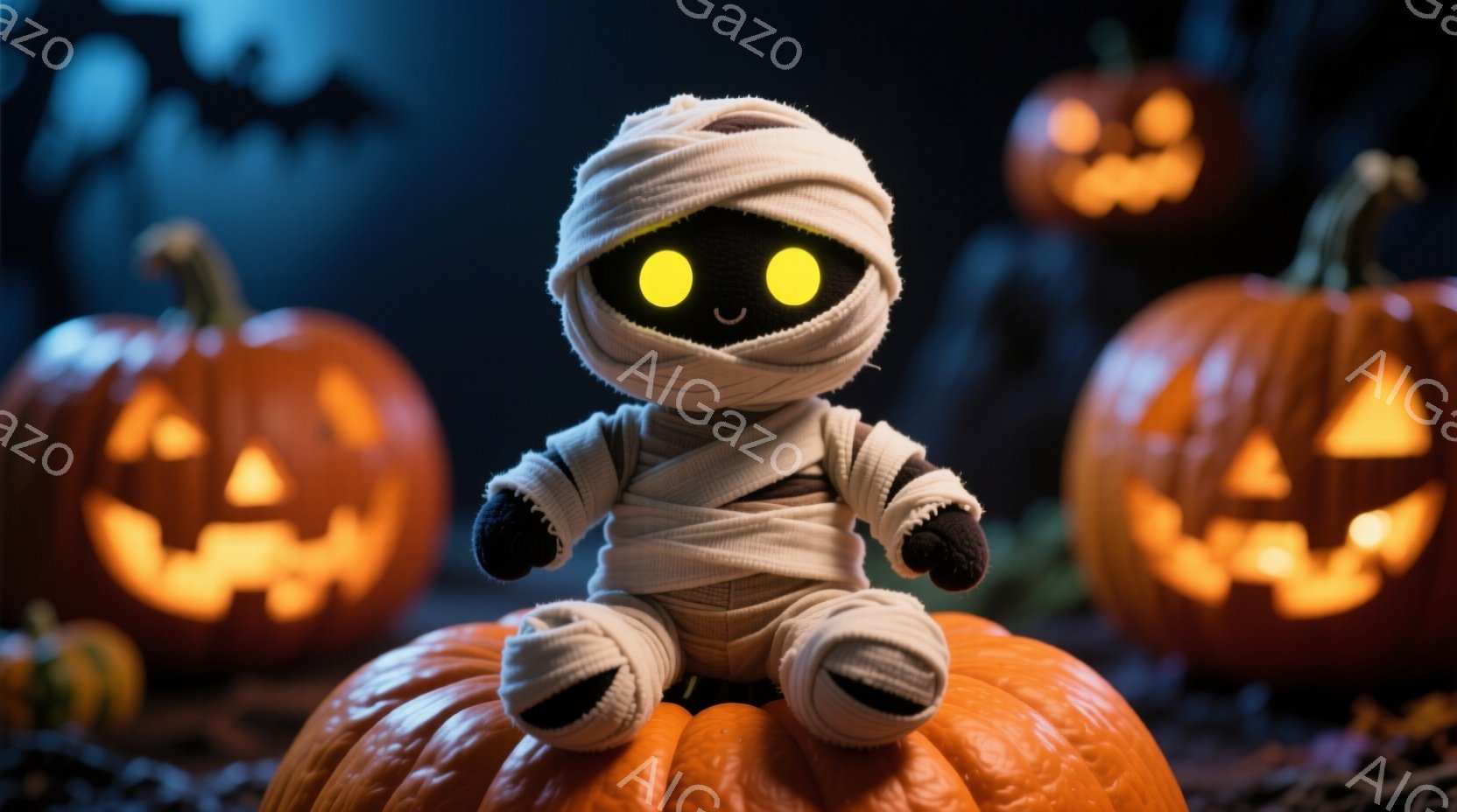 白い包帯で全身を覆われた小さなミイラのような人形が、オレンジ色の大きなカボチャの上に座っています。人形は黒い丸い瞳で、少し微笑んでいるように見え、可愛らしい印象を与えます。背景には、ジャック・オー・ランタンがいくつか浮かび上がり、暗い夜空と枯れた草がハロウィーンの不気味な雰囲気を醸し出しています。