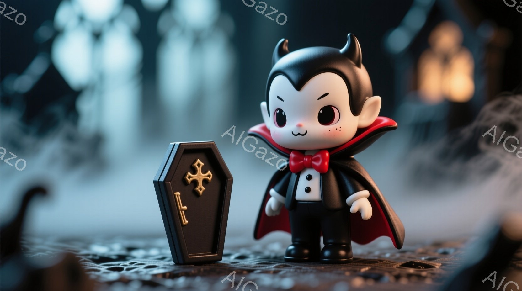 小さな吸血鬼の置物が墓石の横に立っている様子を捉えています。黒いスーツに赤いマント、白い襟が特徴で、つややかな黒髪に小さな角が生えています。背景には、霧に包まれたお墓やシルエットの建物がぼやけ、ハロウィンの夜のような不気味ながらも可愛らしい雰囲気を醸し出しています。