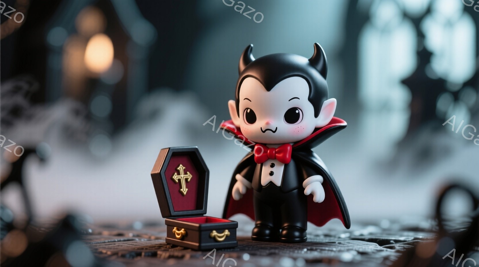 小さな吸血鬼の人形が、開いた棺の中に立っています。黒い髪に角があり、赤いマントと黒い燕尾服を着ており、少しいたずらっぽい表情をしています。背景は暗く、ぼやけた建物や霧が見え、不気味な雰囲気を醸し出して - AI生成フリー素材