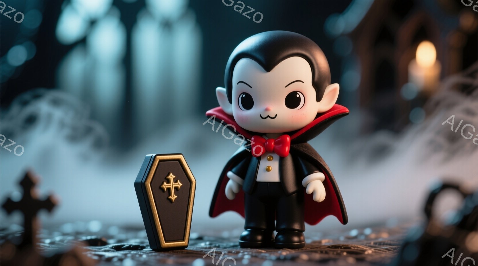 小さな吸血鬼のキャラクターが、黒いスーツと赤いマントを着て立っている。彼の顔は丸く、可愛らしい表情をしており、小さな手が前に出ている。背景には、霧が立ち込める墓地、十字架、そしてぼんやりとした建物が見え、全体的に不気味でありながらも愛らしい雰囲気を醸し出している。