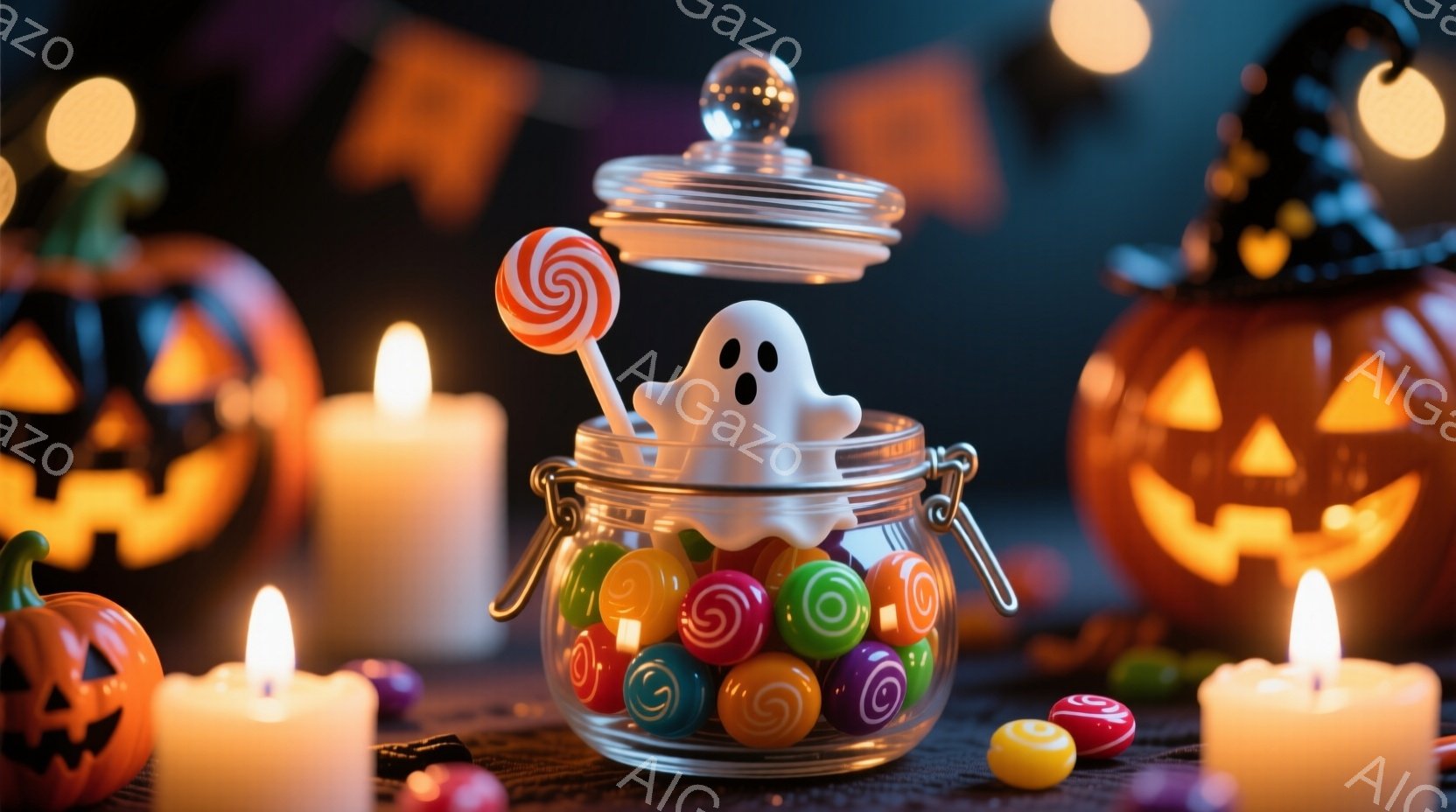 ハロウィーンをテーマにした静物画で、透明な瓶の中にカラフルなキャンディーと白いお化けの置物が詰め込まれています。背景には、さまざまな大きさのジャック・オー・ランタンや点灯したキャンドルが配置され、お祭 - AI生成フリー素材