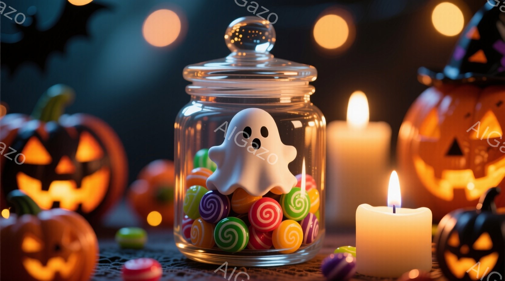 ハロウィーンをテーマにした静物画で、透明な瓶の中にカラフルなキャンディーが詰まっています。瓶の中には白いお化けの置物が一つあり、キャンディーと対比をなしています。背景には、オレンジ色のジャック・オー・ - AI生成フリー素材