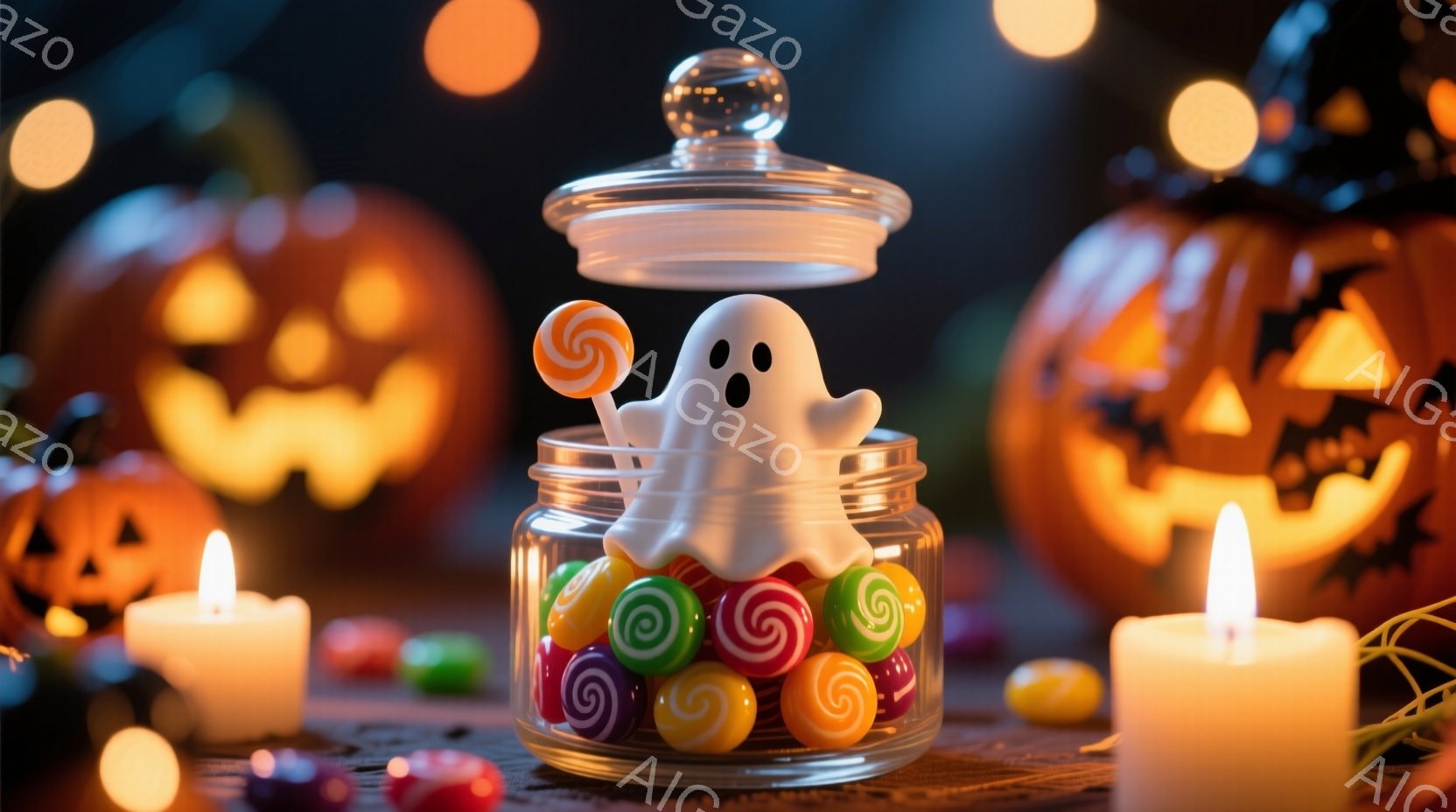 ガラスの瓶の中に白いお化けが入り、カラフルなキャンディーが詰まっています。背景にはオレンジ色のジャック・オ・ランタンと、点灯したキャンドルが配置されており、ハロウィーンの雰囲気が漂っています。全体的に暖色系の照明で、お祝いと少し不気味な雰囲気が混ざり合っています。