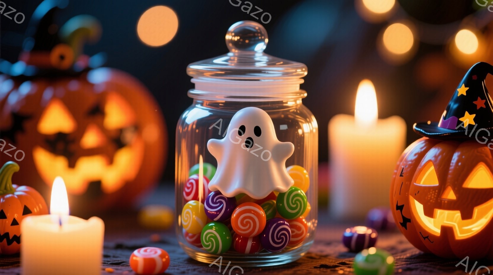 ハロウィーンの装飾が施された静謐な光景が描かれています。透明なガラスの瓶にはお菓子やキャンディーが詰まっており、その中に白いお化けの置物が浮かんでいます。背景には様々な表情のジャック・オ・ランタンと、暖かく揺らめくキャンドルの光が散りばめられ、幻想的な雰囲気を醸し出しています。