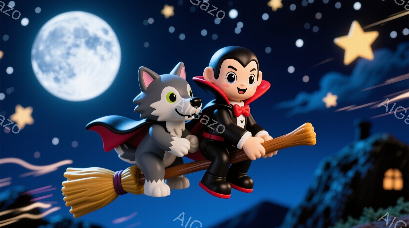 満月の夜に、ほうきに乗って空を飛んでいる吸血鬼と狼男の姿が描かれています。吸血鬼は黒いスーツに赤い蝶ネクタイをつけ、狼男は黒いマントを羽織っています。背景には暗いシルエットの建物や山々が見え、星が輝く - AI生成フリー素材