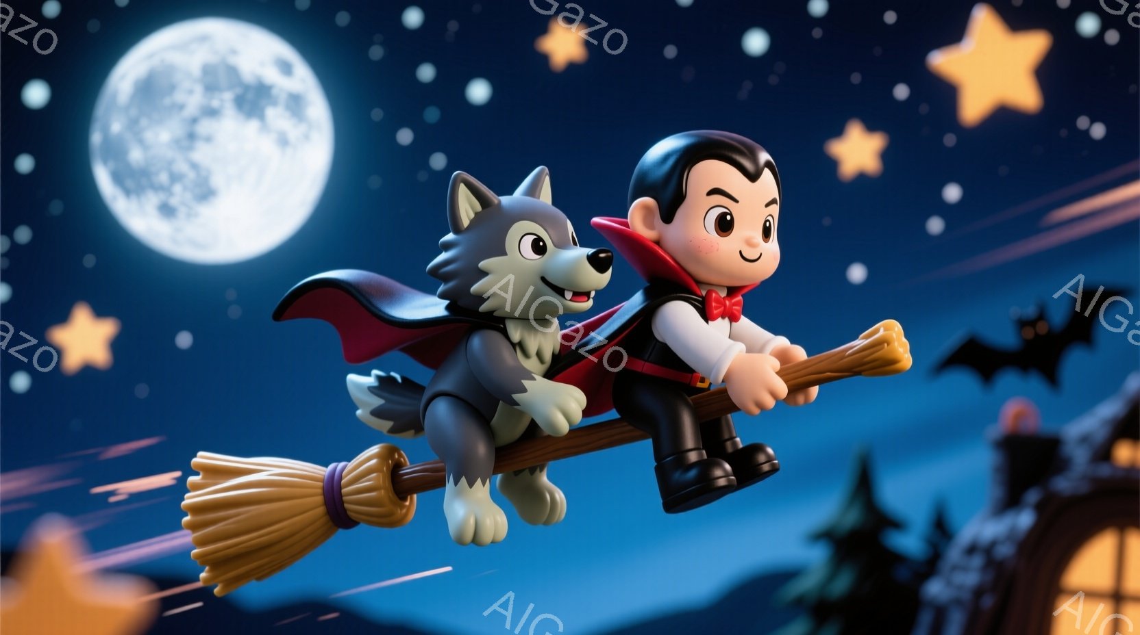 箒に乗って夜空を飛ぶ吸血鬼と狼の姿が描かれています。吸血鬼は黒髪で、黒いマントと赤いベスト、白いシャツを着ており、嬉しそうな表情をしています。背景には、シルエットの建物や木々、満月、そして星空が広がり - AI生成フリー素材