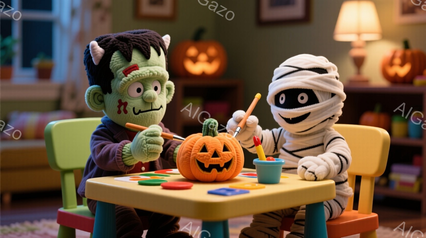 フランケンシュタインとミイラの姿をしたキャラクターが、小さな子供用のテーブルを挟んでお絵かきをしている。フランケンシュタインは緑色の肌にボルトの髪型で、ミイラは白い包帯で全身を覆い、それぞれに笑顔が見られる。背景には、ハロウィンのカボチャの飾りや子供部屋の家具が配置され、温かく、楽しい雰囲気を作り出している。