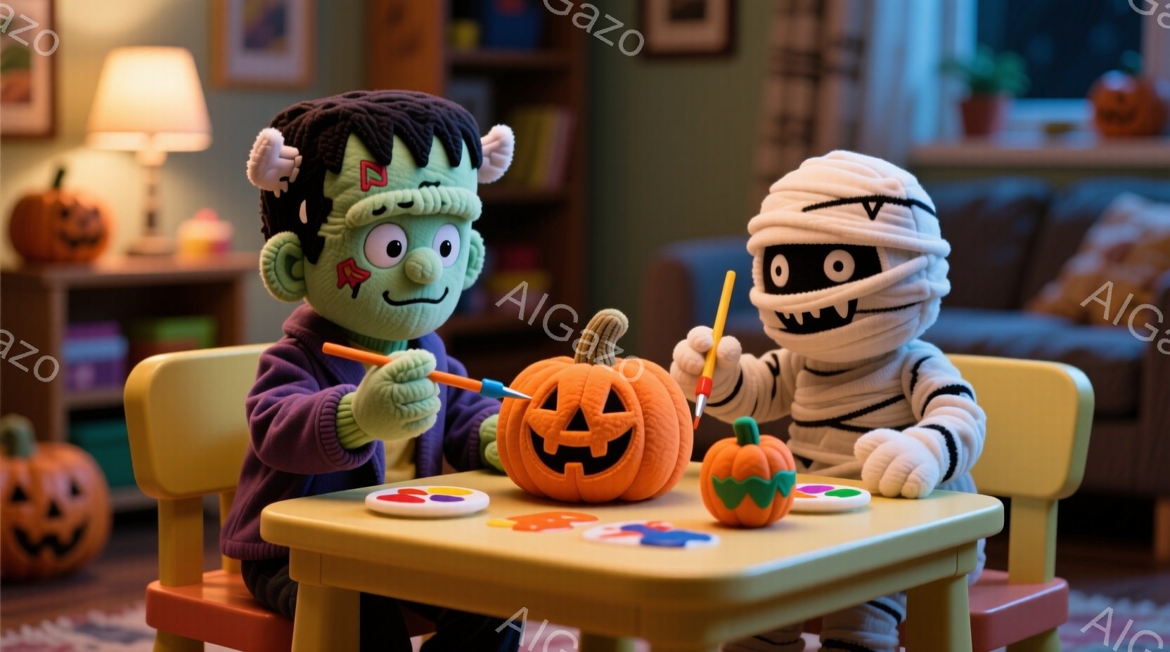 フランケンシュタインのモンスターとミイラのぬいぐるみたちが、小さな黄色いテーブルを囲んでカボチャのペイントを楽しんでいる様子が描かれています。フランケンシュタインは緑色で、黒い髪の毛とボルトのネックレスをつけており、ミイラは白くて包帯で覆われています。背景には、ハロウィーンの飾り付けや植物が見え、暖かく、楽しい雰囲気が漂っています。