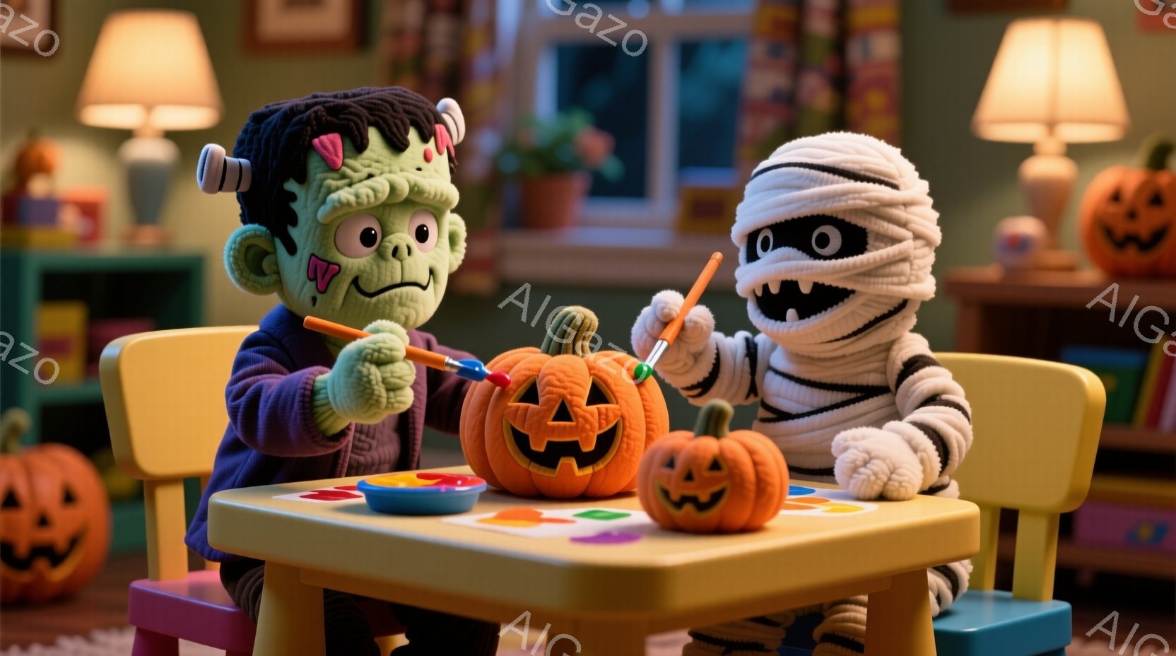 モンスターのフランクensteinとミイラが、オレンジ色の小さなカボチャを黄色でペイントしています。二人は小さな子供用のテーブルと椅子に座り、楽しそうに絵を描いています。背景には、さらに多くのカボチャと暖色の照明があり、全体的にハロウィーンの楽しい雰囲気です。