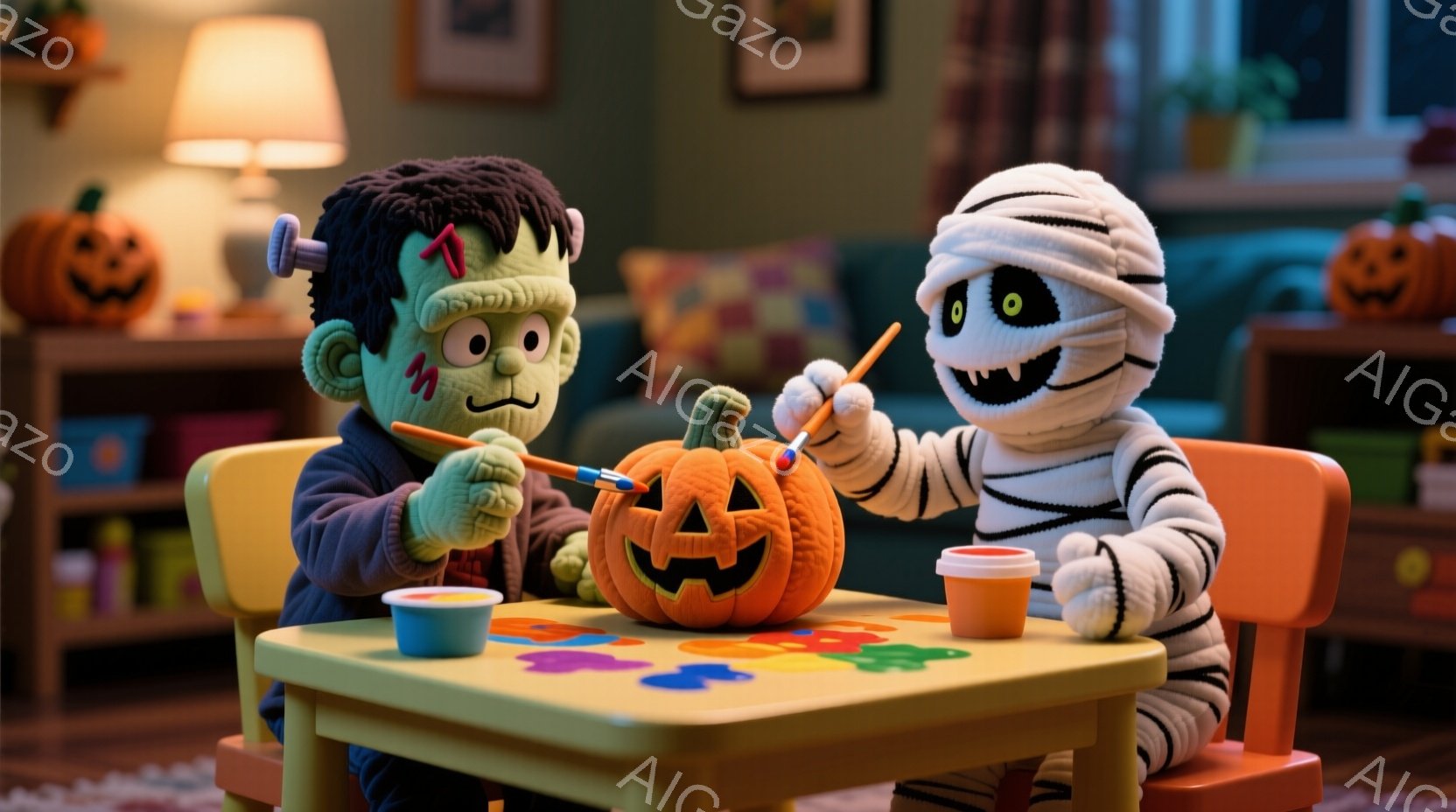 フランケンシュタインのモンスターとミイラのキャラクターが、小さな子供用のテーブルを挟んで座り、オレンジ色のジャック・オー・ランタンに絵を描いている様子が描かれています。フランケンシュタインは緑色の肌とボルトの入った首を持ち、ミイラは包帯で全身が覆われ、それぞれ笑顔で絵を描くことに集中しています。背景には、子供部屋のような空間が広がり、おもちゃや植物が置かれ、ハロウィーンの飾り付けがされており、暖かく楽しい雰囲気を醸し出しています。