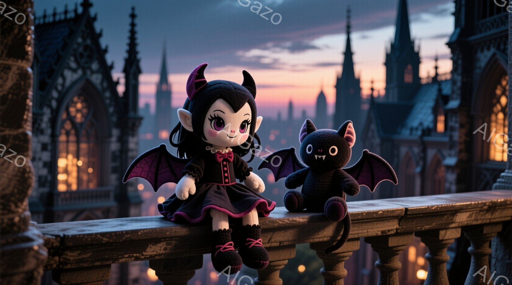 黒いドレスと赤い靴を身につけた、小さな女の子の人形が、黒いコウモリのぬいぐるりと一緒になって、石の欄干の上に座っています。彼女は、大きな目と小さな翼を持っており、少しいたずらっぽい表情をしています。背景には、夕焼けに照らされた城のような建物が並び、幻想的で少し不気味な雰囲気を作り出しています。