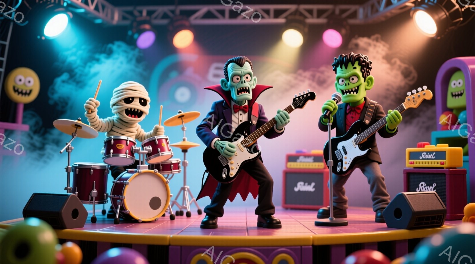 ハロウィーンをテーマにしたバンドのメンバーが描かれています。ドラマーのミイラ、ギタリストのドラキュラ、ベースギタリストのフランケンシュタインが、紫色の段差のあるステージ上で演奏しています。背景には、ピンク、オレンジ、緑の球体と、ステージの照明が散りばめられており、楽しげなコンサートの雰囲気を醸し出しています。