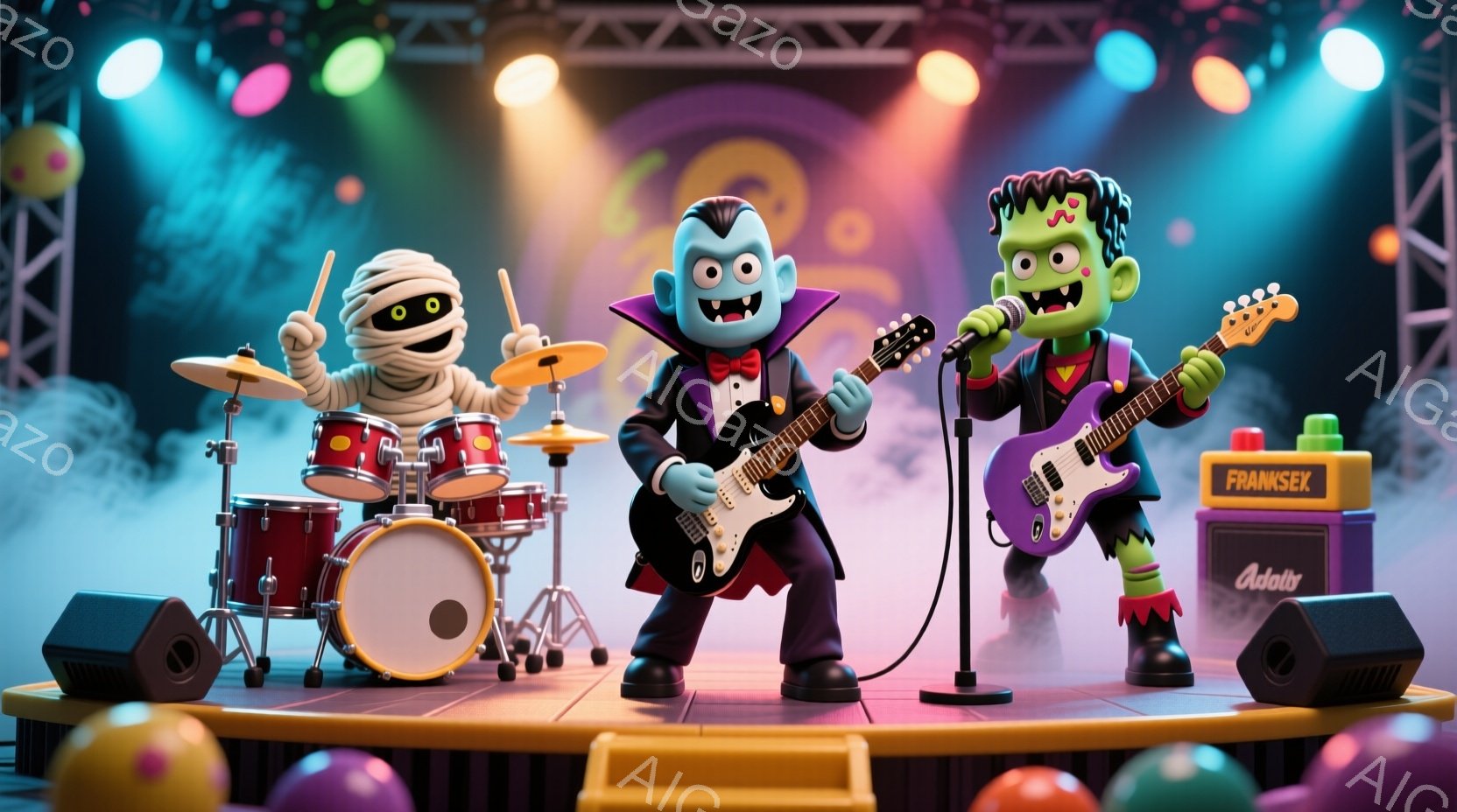 ハロウィーンをテーマにしたバンドがステージで演奏している様子が描かれています。ミイラ、ドラキュラ、フランケンシュタインのモンスターがそれぞれドラム、ギター、ベースを演奏しており、表情は楽しげです。ステージはカラフルな風船で飾られ、スピーカーや照明が設置され、活気に満ちた雰囲気です。