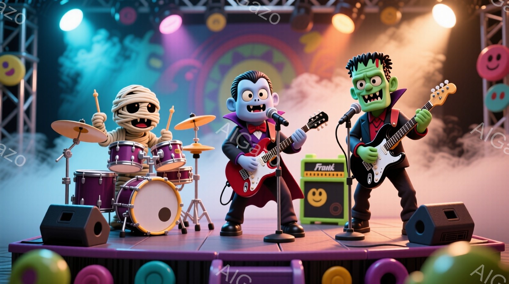 ゾンビ、ミイラ、フランケンシュタインのモンスターバンドがステージで演奏している様子が描かれています。ゾンビは黒いスーツに赤いシャツを着て、マイクに向かって歌っています。ミイラはドラムセットを演奏しており、フランケンシュタインは緑色の肌とボルトの付いた髪でギターを弾いています。