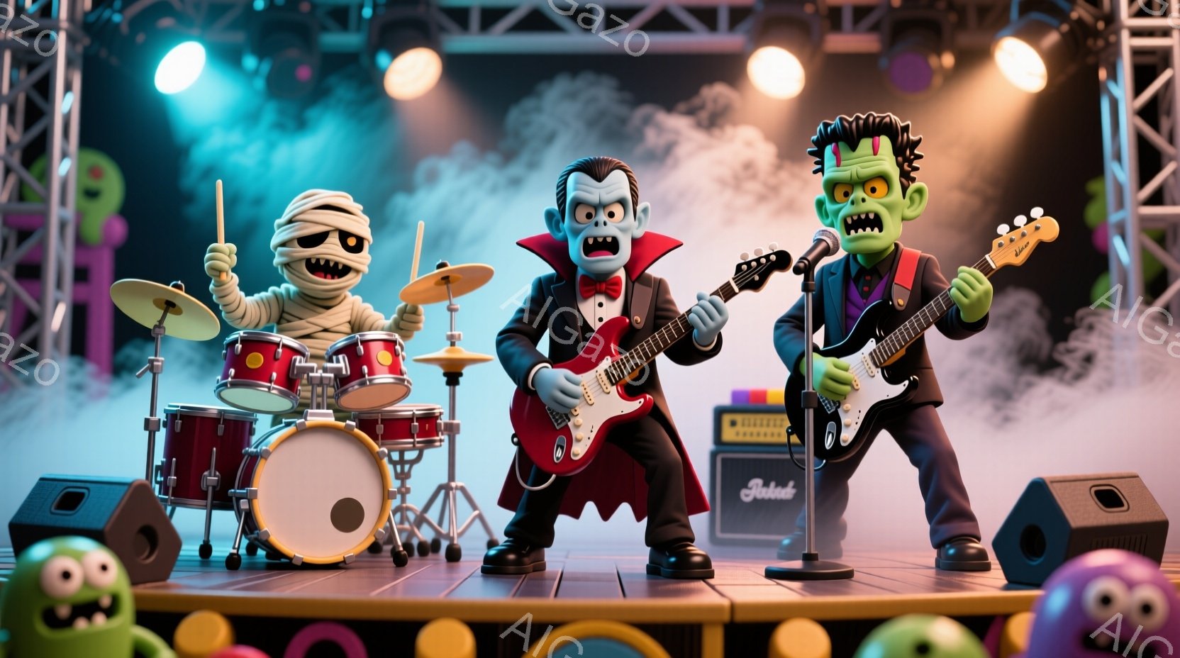舞台の上で、ミイラ男がドラムセットを力強く叩き、吸血鬼が赤いギターを演奏し、フランケンシュタインのモンスターが緑色のギターを弾いている様子が描かれている。背景には青と紫のグラデーションとステージ用のライトがあり、床にはカラフルな球体が散らばり、活気に満ちたロックコンサートの雰囲気を醸し出している。キャラクターたちは皆、楽しそうに演奏しており、お祭り騒ぎのような高揚感がある。