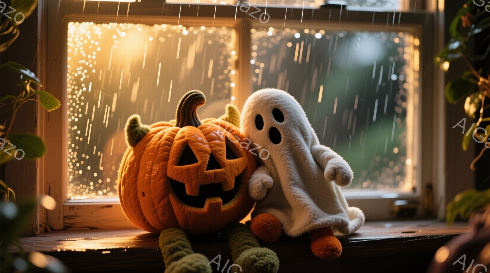 窓辺に座ったカボチャのランタンと幽霊のぬいぐるみが描かれています。カボチャはニヤリと笑っており、幽霊は少し恥ずかしそうにしています。背景には雨が降り、ぼやけた光が暖かく、ハロウィンの雰囲気を感じさせる - AI生成フリー素材