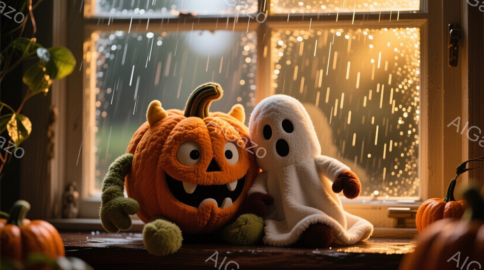 窓辺に、愛らしいカボチャのぬいぐるみと幽霊のぬいぐるみが寄り添って座っています。カボチャは大きな笑顔で、幽霊は少し恥ずかしそうに、少し微笑んでいます。背景にはぼやけた暖かい光が灯り、雨が窓ガラスを流れ落ちる、温かく可愛らしいハロウィーンの雰囲気です。