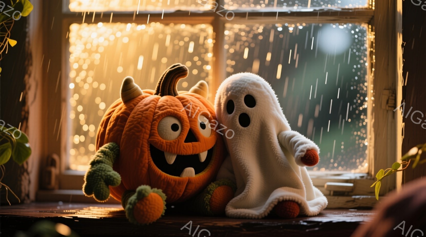 オレンジ色の可愛らしいかぼちゃと、白い幽霊のぬいぐるみが寄り添って座っています。背景にはぼやけた光の粒子と雨が降る窓があり、ハロウィーンの夜の暖かい雰囲気を醸し出しています。かぼちゃは大きな笑顔で、幽霊は少し恥ずかしそうに微笑んでいます。